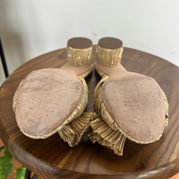 Loeffler Randall Emilia Slide Gold Bow Low Round Heel Crinkle Sandals Size 7.5 - Picture 7 of 12